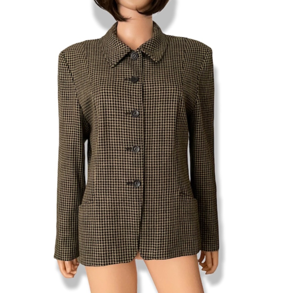 Vintage Pendleton Wool Blend Houndstooth Tan Black Blazer Size 14